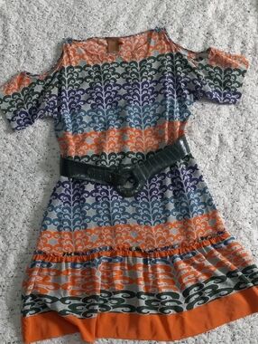 Ali Ro Patterned Cold-Shoulder Dress in Orange, Blue & Green Belt Include Size 6